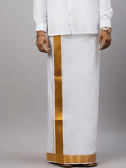 Mens Double Dhoti White with Gold Jari 2" Gold Special Plain