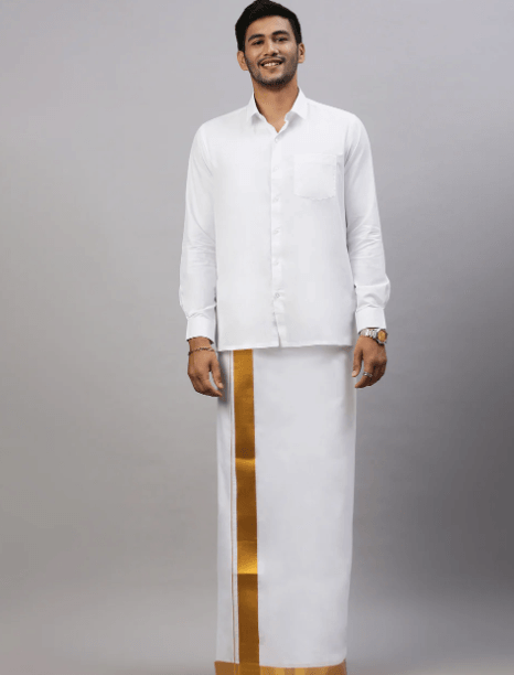 Mens Double Dhoti White with Gold Jari 2" Gold Special Plain