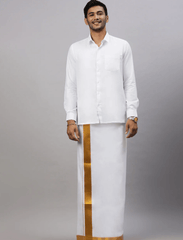 Mens Double Dhoti White with Gold Jari 2" Gold Special Plain