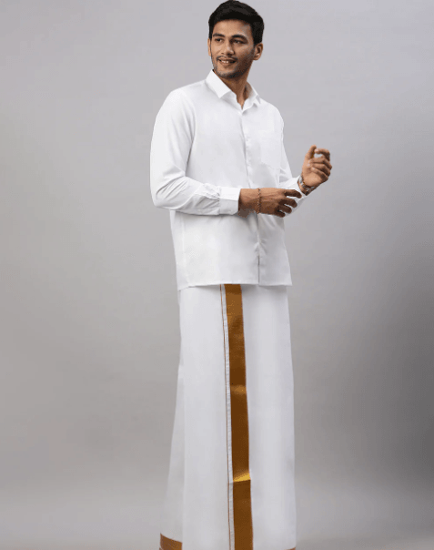 Mens Double Dhoti White with Gold Jari 2" Gold Special Plain