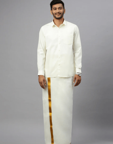 Mens Double Dhoti Cream with Gold Jarit 2" Gold Fine Plain