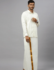 Mens Double Dhoti Cream with Gold Jarit 2" Gold Fine Plain