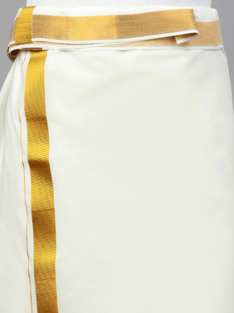 Mens Double Dhoti Cream with Gold Jarit 2" Gold Fine Plain