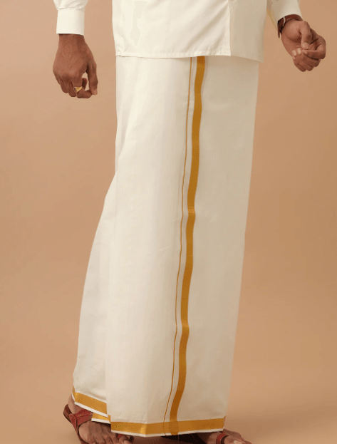 Mens Double Dhoti Cream with Gold Jari 1" Samskara