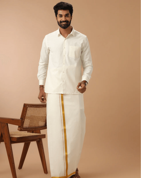 Mens Double Dhoti Cream with Gold Jari 1" Samskara