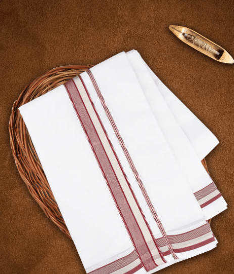 Men Premium Hand loom Dhoti Maroon With Silver Fancy Border