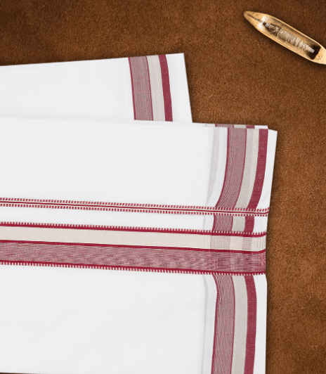 Men Premium Hand loom Dhoti Maroon With Silver Fancy Border