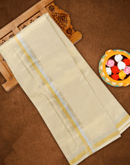 Men Premium Hand loom Tissue Double Dhoti with Gold & Silver Jar Border 110573