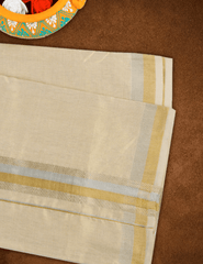 Men Premium Hand loom Tissue Double Dhoti with Gold & Silver Jar Border 110573