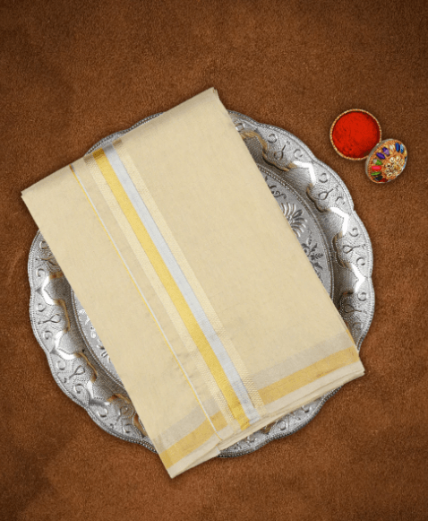 Men Premium Hand loom Tissue Double Dhoti with Gold & Silver Jar Border 110573