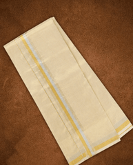 Men Premium Hand loom Tissue Double Dhoti with Gold & Silver Jar Border 110573