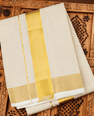 Mens Premium Hand loom Tissue Double Dhoti with Gold Jarit Border 110034