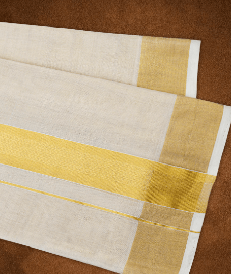 Mens Premium Hand loom Tissue Double Dhoti with Gold Jarit Border 110034