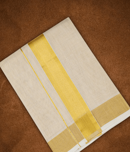 Mens Premium Hand loom Tissue Double Dhoti with Gold Jarit Border 110034