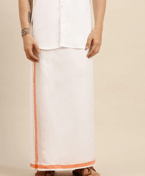 Men Premium Pure Linen Double Dhoti White 770 Orange