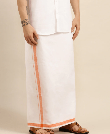 Men Premium Pure Linen Double Dhoti White 770 Orange