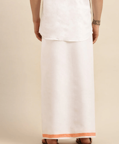 Men Premium Pure Linen Double Dhoti White 770 Orange