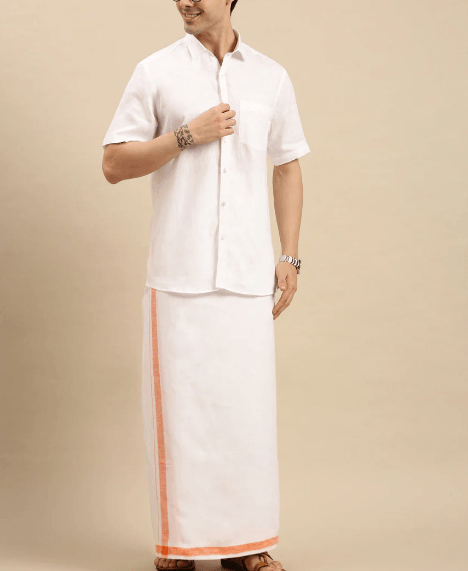 Men Premium Pure Linen Double Dhoti White 770 Orange