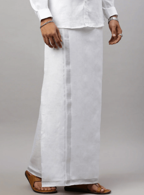 Men Premium Pure Linen Double Dhoti European Gift White Rama