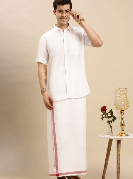 Men Premium Pure Linen Double Dhoti White 770 Maroon